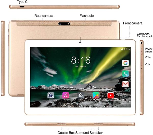 Tablet 10 Pollici -  Android 10.0 Certificato da Google GMS Tablet 4G LTE,4 GB di RAM e 64 GB, Doppia SIM,GPS,WiFi,Ttastiera Bluetooth,Mouse,Custodia per Tablet e Altro Incluso - Gold - immagine 4