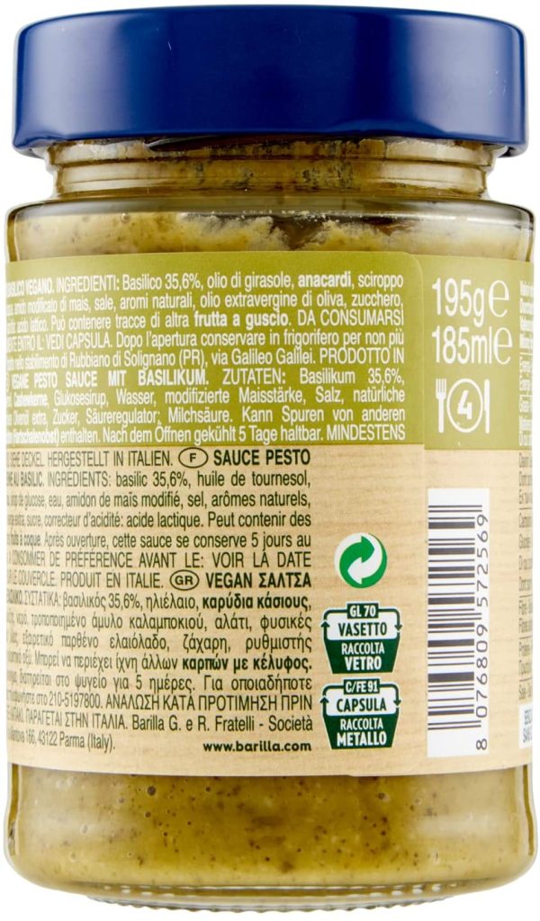 Barilla Pesto al Basilico 100% Vegetale, Pesto Vegano con Basilico Italiano, Senza Aglio, Senza Glutine e Senza Formaggi, Naturalmente Senza Lattosio, Sugo Pronto per Pasta, 195 g