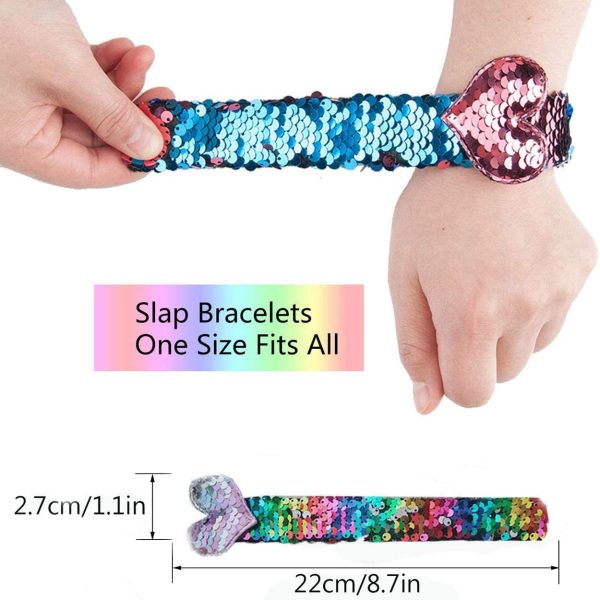 6 Pezz Braccialetti Sirena, Braccialetti Schiaffo Cinturini Schiaffo, Bracciale Paillettes, Cinturino con Brillantini Reversibili Bicolore, per Forniture per Feste da Sirena per Bambini - immagine 5