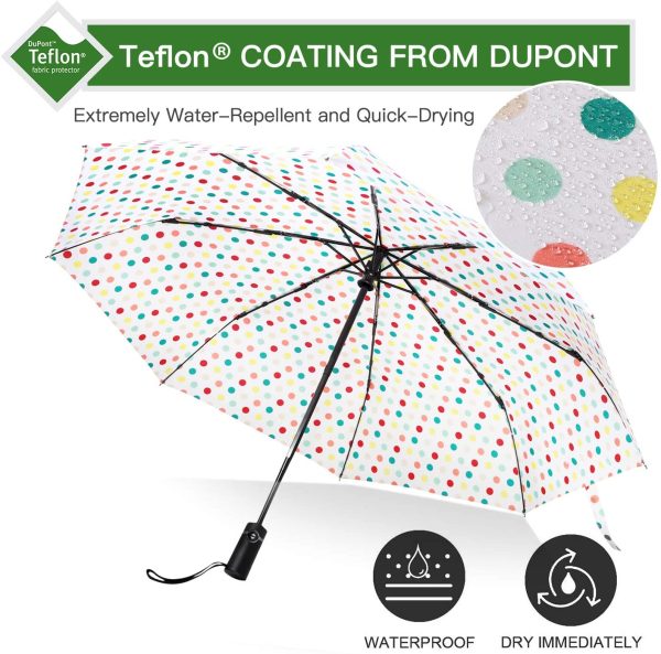 Amazon Brand - Eono Ombrello Portatile Automatico Antivento, Ombrello Pieghevole Compatto, Folding Umbrella, con Stecche Rinforzate in Teflon, Impugnatura Ergonomica - Bianco/Punto colorato - immagine 7