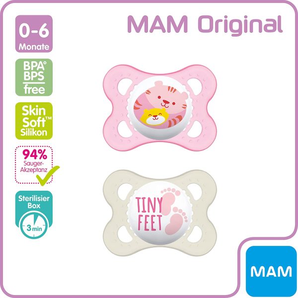 MAM Ciuccio Original in Silicone, Design Ortodontico, in Silicone Speciale Mam Skinsoft, con Scatola per Ciuccio, 0-6 Mesi, Motivo: Tigre/Piedini, Set Da 2 Pezzi, Istruzioni in Lingua Straniera - immagine 7