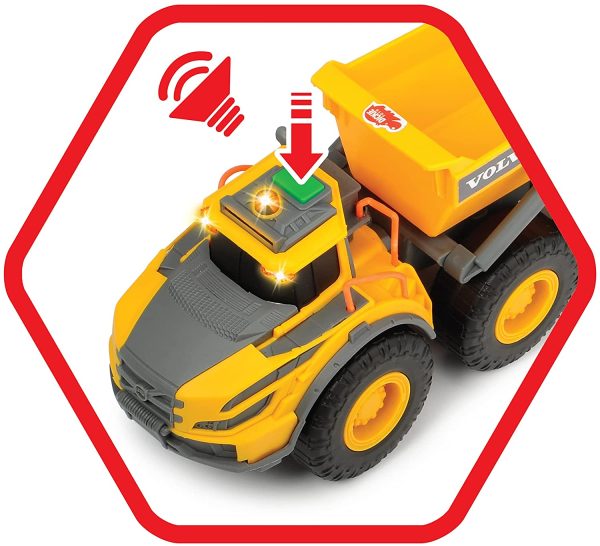 Dickie Toys 203723004 - Dumper Volvo con cassone ribaltabile, per bambini, cabina e superficie di carico inclinabile, luce e suono, con batterie incluse, lunghezza 23 cm, colori giallo/grigio - immagine 2