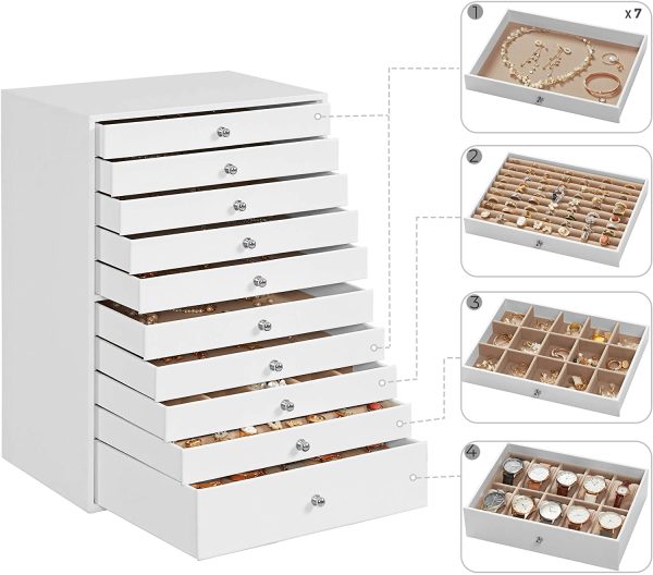 SONGMICS Scatola Portagioie con 10 Cassetti, Custodia per Gioielli, Organizzatore per Anelli, Collane, Orecchini, Braccialetti,  JBC10W