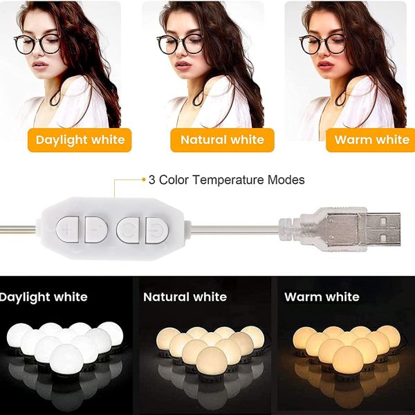 Luci da Specchio Luci LED Stile Hollywood per Trucco,10 Lampadine Dimmerabili a Specchio Cosmetico, Illuminazione Tavolo Trucco Vanit??, 10 Livelli di Luminosit?? e 3 Modalit?? Colore da Scegliere - immagine 6