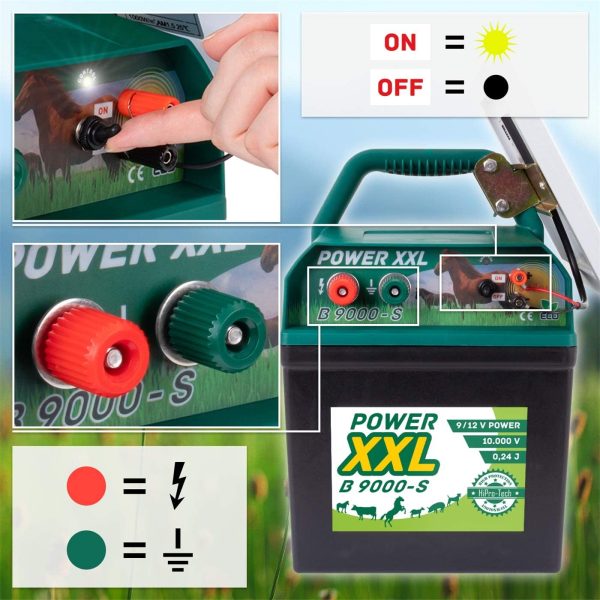 Power XXL Elettrificatore ad energia Solare B 9.000-S, incl.Batteria da 9 V, elettrificatore da 9 V/12 V, con Pannello Solare Molto efficiente, per recinzioni per Cavalli e Pony - immagine 2