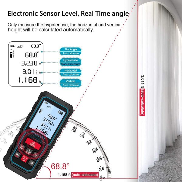 MiLESEEY Metro Laser Professionale 70M, Misuratore Laser con Indicatore Elettronico Dell'angolo,Precisione +/- 2mm, Misurazione Della Distanza, Dell'area e del Volume,LCD Retroilluminato - immagine 8