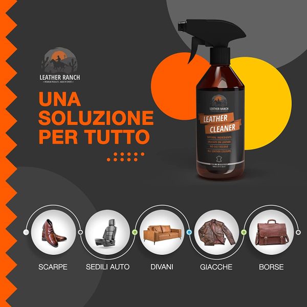 LeatherRanch Spray Pulizia Pelle - Detergente Pelle Naturale - Ideale Pulizia Scarpe Pelle, Divano in Pelle e Interni Auto in Pelle - Pulisce e Rinnova Volante in Pelle - Pulizia Interni Auto, 500 ml - immagine 3