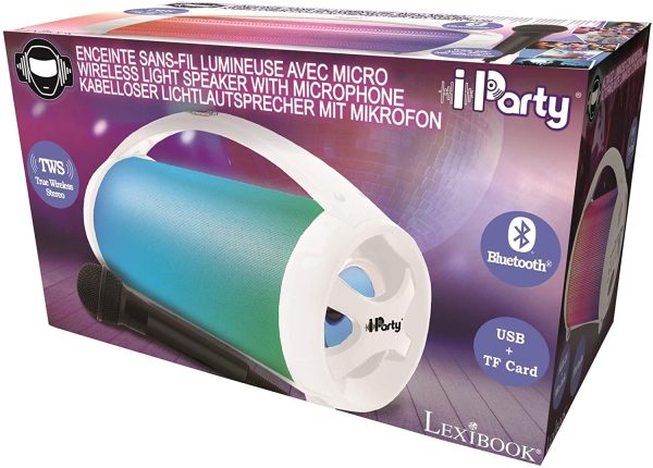 Lexibook- iParty-Altoparlante Portatile Bluetooth con Microfono, Stereo, Effetti di Luce, Karaoke, Wireless, Radio FM, USB, Scheda SD, Batteria Ricaricabile, Bianco, Colore - immagine 9