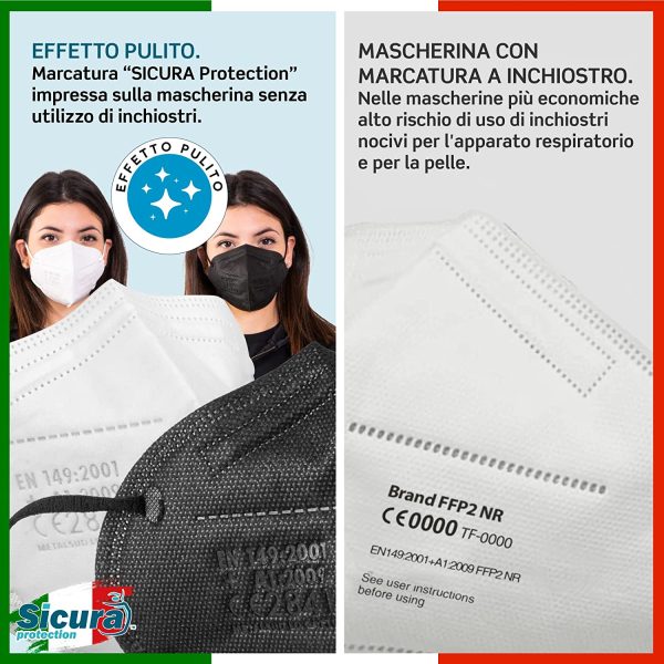 50 Mascherine FFP2 Certificate CE Nere e bianche Made in Italy logo SICURA impresso BFE ??9% Mascherina ffp2 italiana SANIFICATA e sigillata. Pluri certificata contiene 25 Nere + 25 Bianche - immagine 2