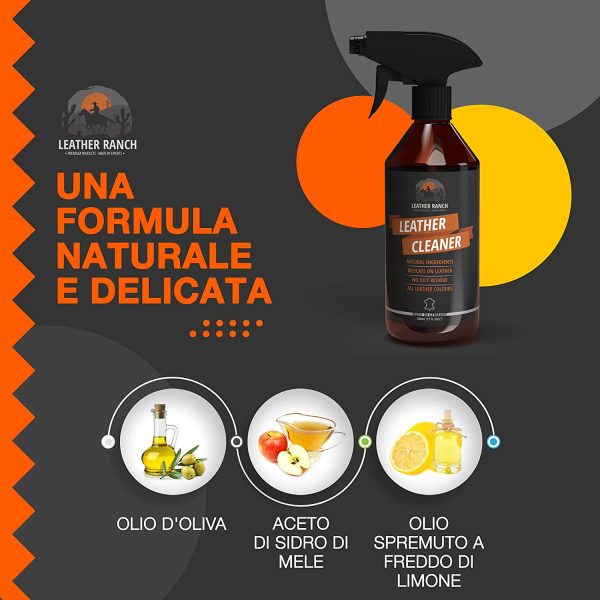 LeatherRanch Spray Pulizia Pelle - Detergente Pelle Naturale - Ideale Pulizia Scarpe Pelle, Divano in Pelle e Interni Auto in Pelle - Pulisce e Rinnova Volante in Pelle - Pulizia Interni Auto, 500 ml