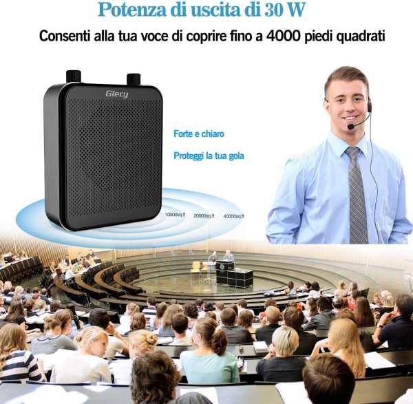 Giecy Amplificatore vocale portatile con microfono cuffia 30W Batteria ricaricabile 2800mah Sistema PA amplificatore vocale mini per insegnanti, guida turistica, allenatori, presentatori - immagine 3