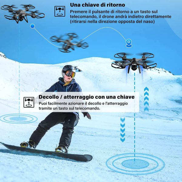 Maetot Drone con Telecamera, Drone 1080P HD FPV per Principianti/Modalit?? Hovering/3D Flip/Modalit?? Headless/Controllo dell'APP dei gesti vocali/Ritorno con un clic/26 minuti di volo/2Batterie&Valigia - immagine 6