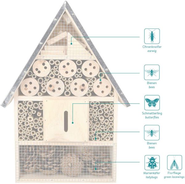 Navaris casetta per Insetti in Legno - rifugio Ecologico per Farfalle vespe api coleotteri 23 x 40 x 7cm XL Nido Tetto in Metallo - Materiali Naturali - immagine 3