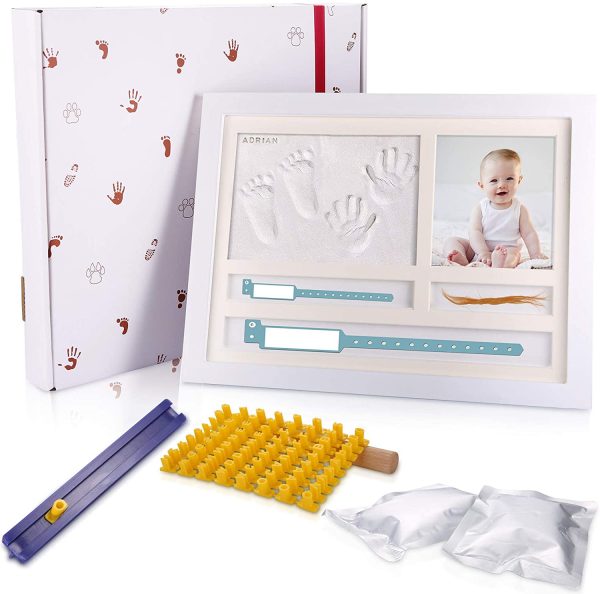 JOSPL Cornice Impronte Neonato kit completo con Argilla, Porta Bracciali di Nascita e Portafoto Legno, Lettere Stampo,Impronta Bambino Cornice impronte neonato mani e piedi per regalo neo mamma