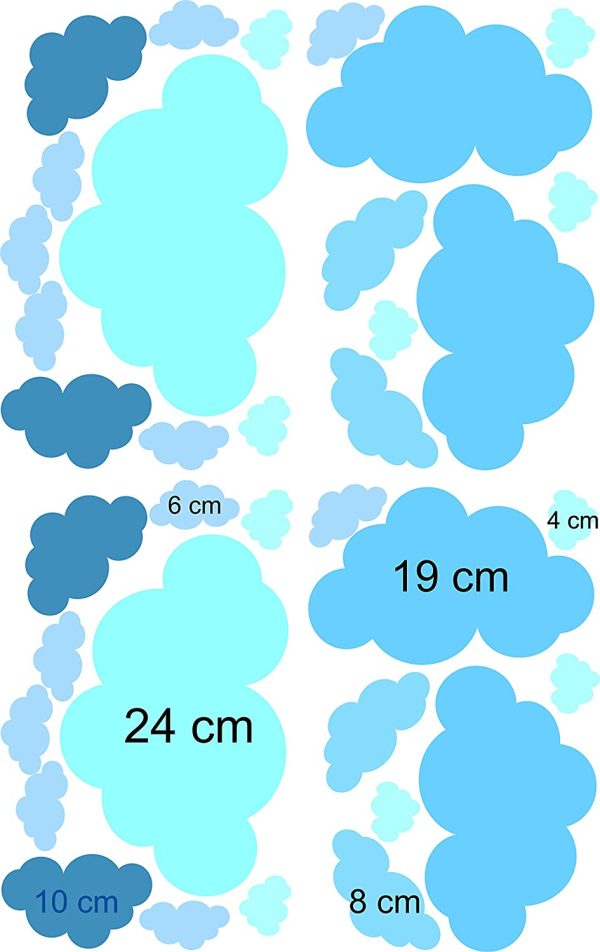 Adesivi Murali Cameretta - Nuvole Nuvolette Clouds - 36 pezzi - Varie Misure e Colori Pastello - Bambini (Azzurro Multicolore)