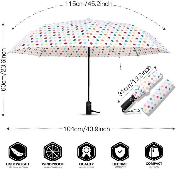 Amazon Brand - Eono Ombrello Portatile Automatico Antivento, Ombrello Pieghevole Compatto, Folding Umbrella, con Stecche Rinforzate in Teflon, Impugnatura Ergonomica - Bianco/Punto colorato - immagine 3