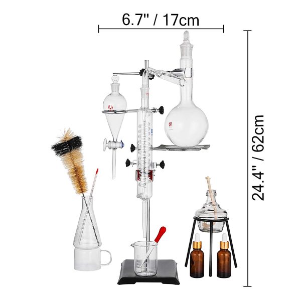 VEVOR Professional Laboratory Distillation Glass Kit 25 Pezzi, Unit?? di Distillazione del Vetro da Laboratorio, Apparecchio di Distillazione del Condensatore, Distillazione di Acqua Pura 500 ml