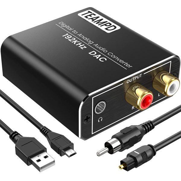 192Khz Convertitore Audio Digitale Analogico, TEAMPD Alluminio Adattatore Ottico RCA da Coassiale Toslink Segnali Audio Digitali SPDIF ad Analogico RCA L/R e Jack 3.5mm per PS3 PS4 HDTV Blu Ray DVD