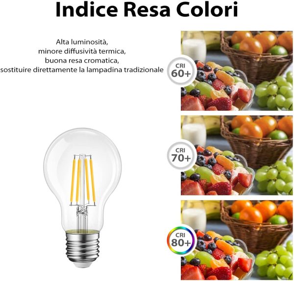 Lampadine di filamenti a LED Attacco E27,11W Equivalenti a 100W,1521LM,2700K Luce Bianca Calda,A60 Stile Vintage Retrò,Consumo Basso,Risparmio Energetico,Non Dimmerabile,Pacco da 6 Pezzi - immagine 2