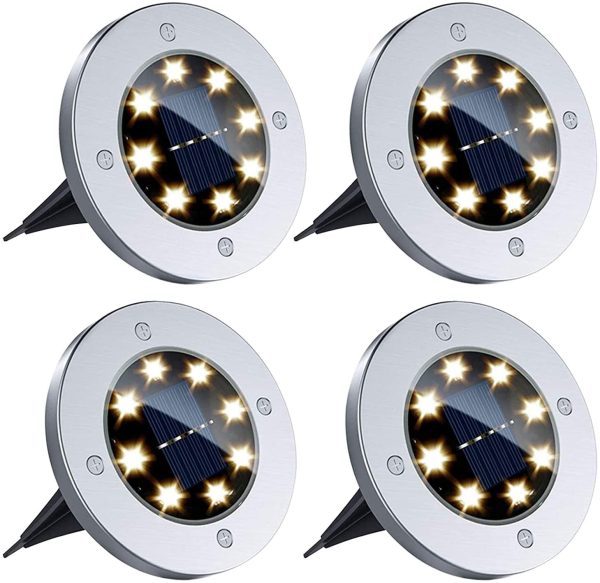 4 Pezzi Luci Solari Giardino - Luce Bianco Caldo Solari Giardino Esterno 8 LED Faretti Terra Incasso, Luce Sepolta Solare IP65 Impermeabile per Vialetto Scala Paesaggio Strade Aiuola, Terreno Cortile - immagine 4