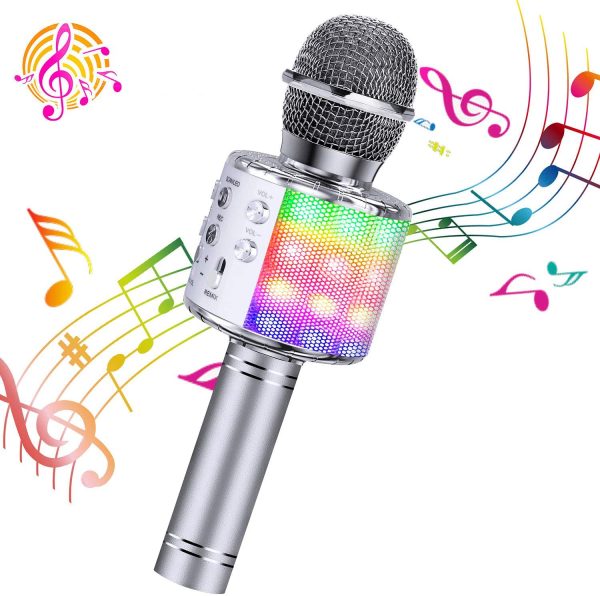 ShinePick Microfono Karaoke, 4 in 1 Bluetooth Wireless LED Flash Microfono Portatile Karaoke Player con Altoparlante per Android/iOS, PC e Smartphone (Argento) - immagine 4