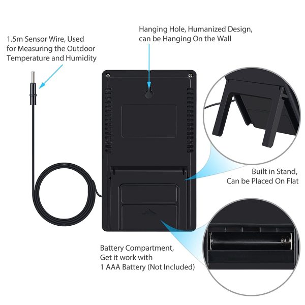 Neoteck Digitale LCD Termometro Igrometro Interno Esterno Misuratore Temperatura Umidit?? Valore Min/Max con Funzione Sveglia e 1.5M Filo di Sensore per Controllo di Aria Condizionata -Nero - immagine 6