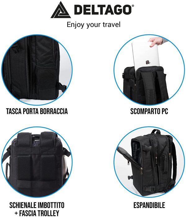 DELTAGO - Zaino Bagaglio A Mano 40x20x25 Ryanair - Borsa Valigia Da Viaggio Aereo Uomo Donna, 20L, Espandibile, Pratico, Morbido, Leggero, Organizer, Voli Low Cost Ryanair, EasyJet, Volotea