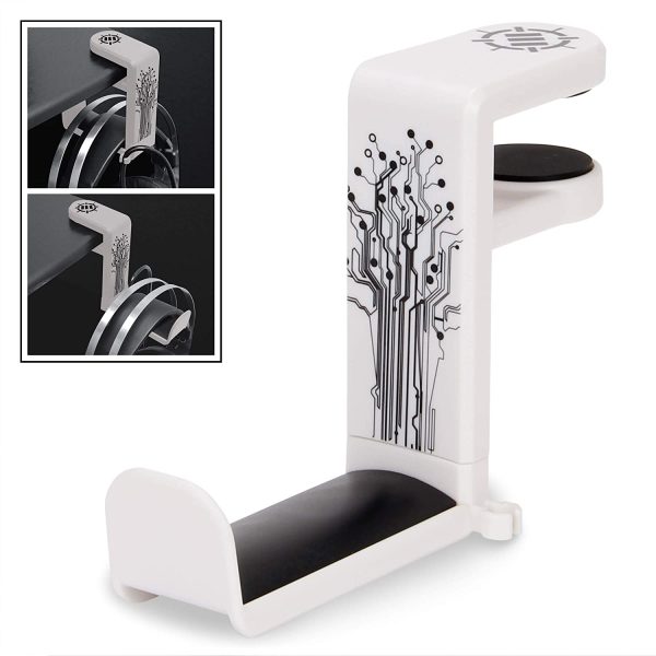 Supporto per Cuffie Gaming - Supporto Cuffie da Tavolo con Braccio Rotante Regolabile 360, Morsetto per Scrivania sul Design, Misura Universale e Organizer per Clip per Cavo Integrato - Bianco - immagine 6