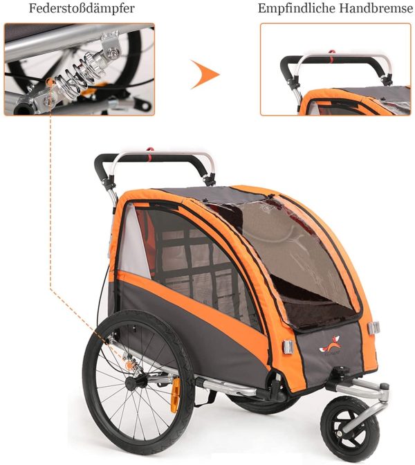 Rimorchio e Passeggino 2 in 1 Rimorchio per Bambino Bike Trailer con Buggy Set + Sospensione BT504S (Arancione) - immagine 4