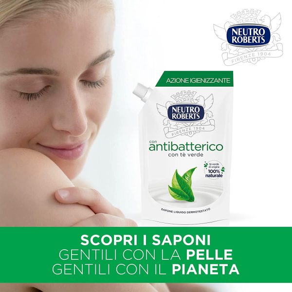 Neutro Roberts, Sapone Liquido Ecopouch Antibatterico, Ecoricarica Ecologica, Pelle Sana e Protetta, T?? Verde - Confezione da 6 Pezzi da 400 ml - immagine 4