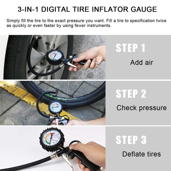 URAQT Manometro Digitale Pressione, Manometro Pressione Gomme Pneumatici Misuratore di Pressione per Pneumatici Auto e Moto, Resistente, con Mandrini Dritti e ad Angolo retto - immagine 3