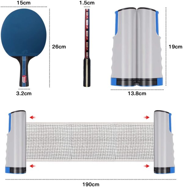 Set da Ping Pong, Set di Racchette Ping Pong, 2 Racchette da Ping Pong, Rete Estensibile, 3 Palline da Ping Pong, Borsa in Rete, per Principianti, Famiglie e Professionisti - immagine 7