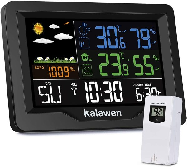 Kalawen Stazione Meteo Meterologica Automatica Digitale Wireless con Ultra-Ampio Schermo LCD Display Sveglia Tempo Data Temperatura umidit?? Previsioni Meteo con Sensore Esterno - immagine 5