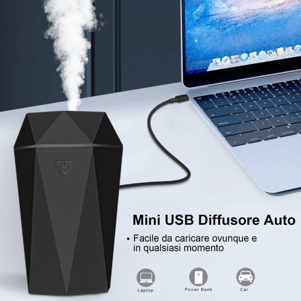 Rovtop Mini USB Diffusore Auto Umidificatore Diffusore ultrasonico di Oli Essenziali Nebbia Fresca d'Aria Senz'acqua Spegnimento Automatico per Auto Camera da Letto con Caricatore per Auto - immagine 8