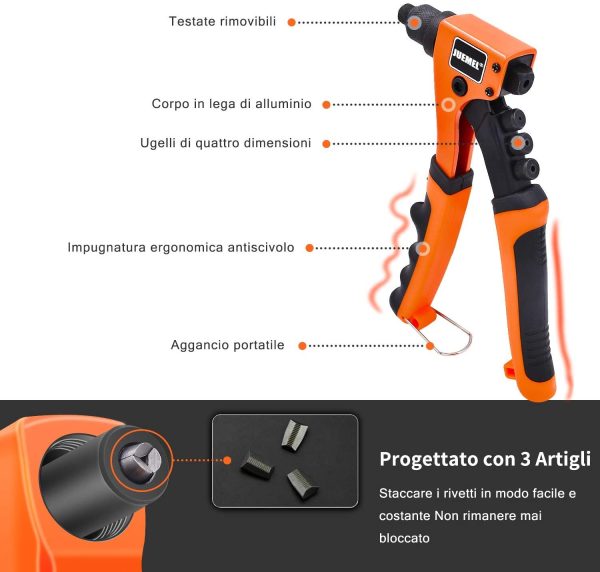 Rivettatrice Manuale,  Pistola per Rivetti con 4 Teste Intercambiabili, Rivettatrice Professionale 4 in 1, 80 Pezzi Rivetti