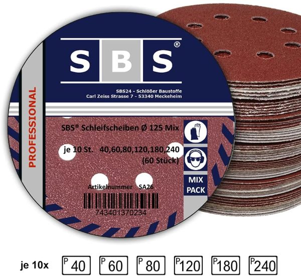 SBS - 60 dischi abrasivi a 8 fori, per levigatrice eccentrica, diametro: 125 mm, grana: 10 dischi da 40, 10 dischi da 60, 10 dischi da 80, 10 dischi da 120, 10 dischi da 180, 10 dischi da 140 - immagine 6