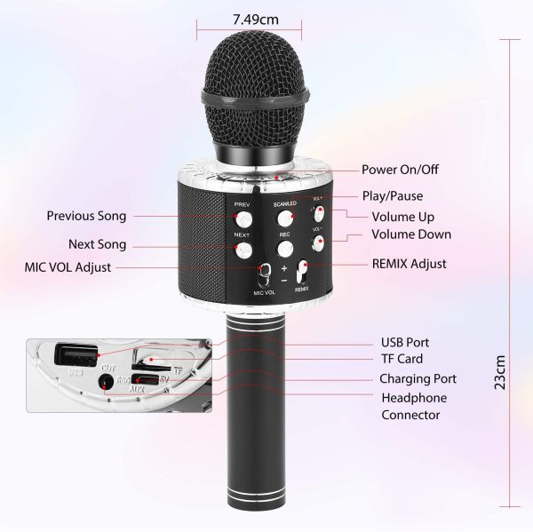 Fede Microfono Karaoke Bluetooth Wireless per Bambini, Karaoke Portatile con Luci LED Multicolore per Cantare, Funzione Eco, Compatibile con Android/iOS, PC o smartphone - immagine 3