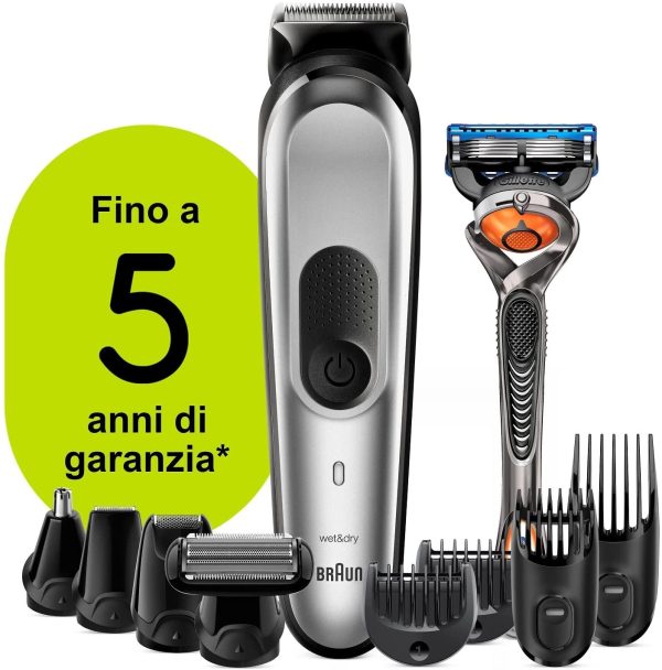 Braun Regolabarba Tagliacapelli Uomo Rasoio Incluso, Rifinitore Barba, 8 Accessori inclusi, 85% di Plastica in Meno, Idea Regalo, MGK7220 All-in-One Grigio Argento - immagine 2