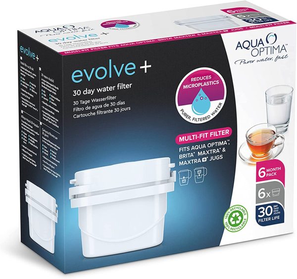 Aqua Optima Evolve+ Cartuccia Filtro Acqua 30 giorni, Confezione da 6 (Fino a 6 Mesi di Fornitura) - Compatibile con Oltre il 90% Delle Caraffe Filtranti Tra Cui Brita Maxtra e Maxtra+ - immagine 2