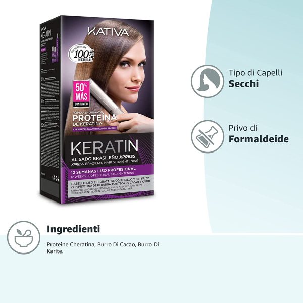 Kativa - Keratin Alisado Brasile?o, Kit Stiratura Brasiliana - Trattamento Professionale Lisciante Anti Crespo alla Cheratina, Senza Formaldeide e Solfati - con Shampoo, Balsamo e Maschera Trattamento - immagine 7