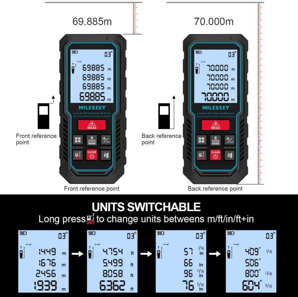 MiLESEEY Metro Laser Professionale 70M, Misuratore Laser con Indicatore Elettronico Dell'angolo,Precisione +/- 2mm, Misurazione Della Distanza, Dell'area e del Volume,LCD Retroilluminato - immagine 7