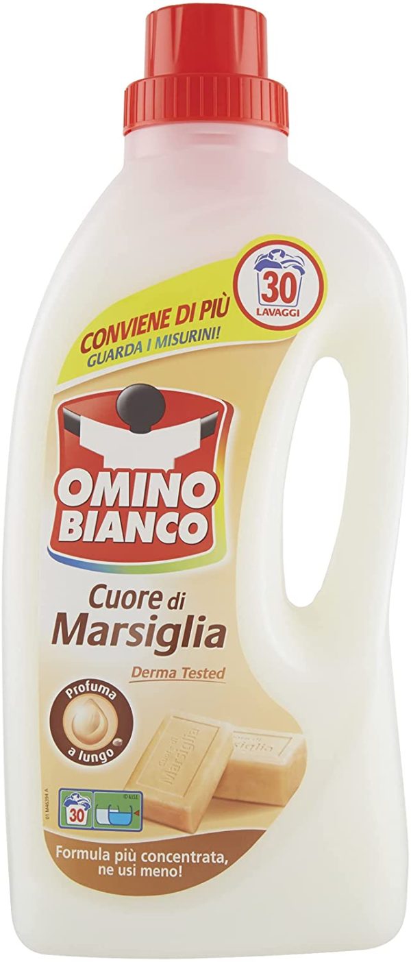 Omino Bianco - Detersivo Lavatrice Liquido, 90 Lavaggi, Rispetta Colori e Tessuti, Fresco Profumo con Essenza Cuore di Marsiglia, 1500 ml x 3 Confezioni - immagine 4