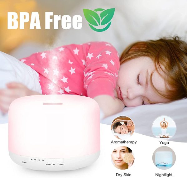 500ml Diffusore di Oli Essenziali, Senza BPA Umidificatore ad Ultrasuoni con Telecomando e 7 Diverse Luci Mutevoli -Spegnimento Automatico Senza Acqua - immagine 5