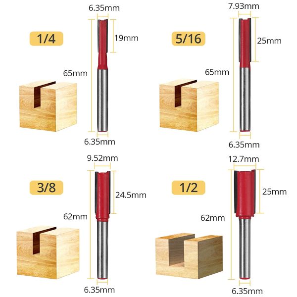 AMTOVL 7PZ Router Bit Set a Doppia Scanalatura con Codolo 6.35mm per Lavorazione Legno 7x Punta Dritta con Lame 1/8" 5/32" 3/16" 1/4" 5/16" 3/8" 1/2" Kit Fresa per Router con Scatola Separata - immagine 5