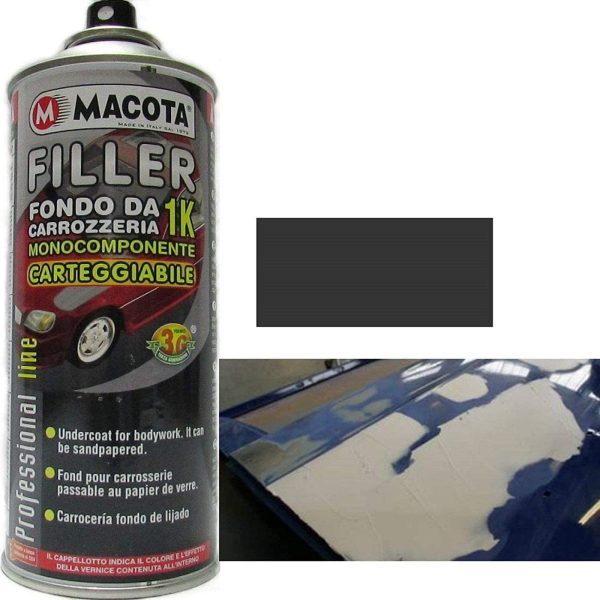 MACOTA FILLER FONDO RIEMPITIVO DA CARROZZERIA 1K GRIGIO SCURO 400 ML VERNICE SPRAY MONOCOMPONENTE CARTEGGIABILE AUTO MOTO CAMPER PROFESSIONALE CARROZZIERE