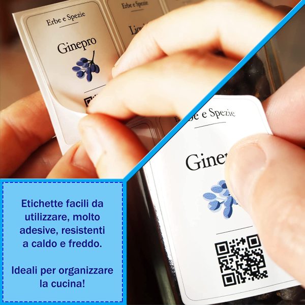 90 Etichette Adesive barattoli Erbe e Spezie in Italiano, con Illustrazioni, eleganti, in materiale Impermeabile, Lavabile, con QR Code per ricette e informazioni