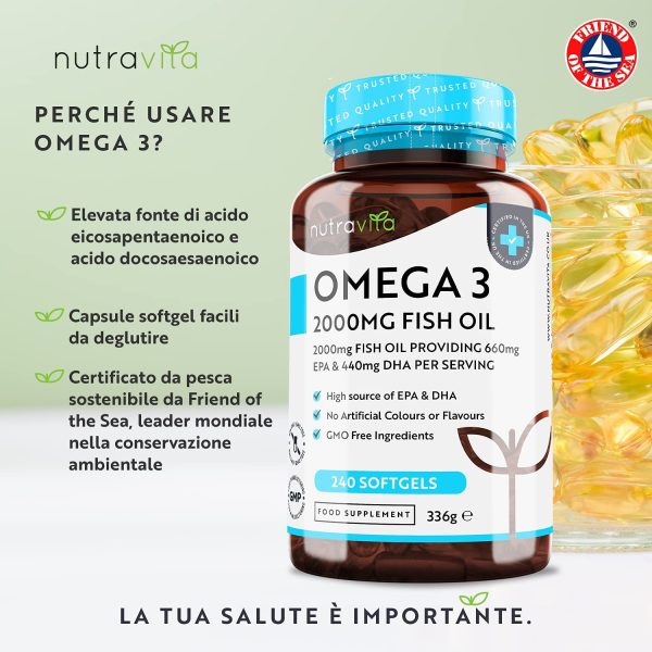 Omega 3 Olio di Pesce da 2000 mg - 660 mg EPA e 440 mg DHA per Porzione - 240 SoftGel Capsule di Olio di Pesce Puro - Fornitura per 4 Mesi - Prodotto nel Regno Unito da Nutravita - immagine 9