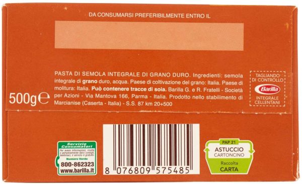 Barilla Pasta Cellentani Integrali con Semola Integrale di Grano Duro 100% Italiano, Pasta Corta Fonte di Fibre, Ideali con Sughi di Verdure o Carne, 500 g - immagine 5