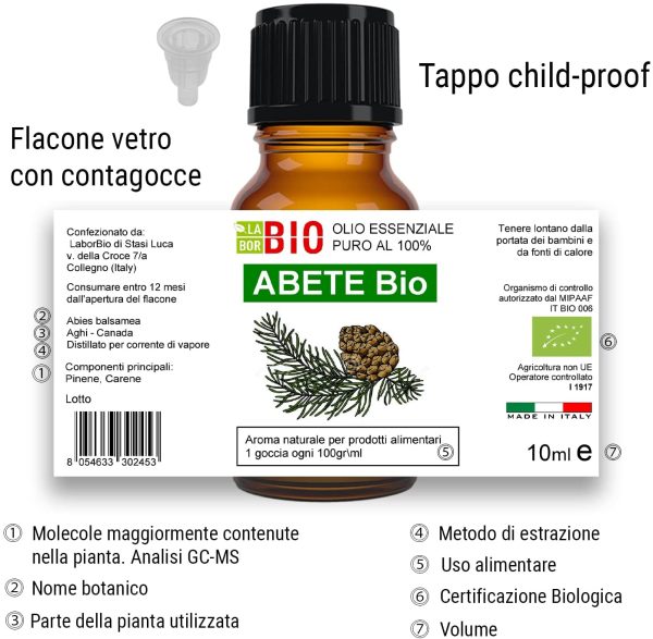 Abete Bio Olio essenziale 100% Puro 10 ml - Uso interno Terapeutico Alimentare Diffusori Aromaterapia Cosmetica Cucina - LaborBio