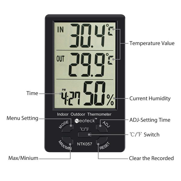 Neoteck Digitale LCD Termometro Igrometro Interno Esterno Misuratore Temperatura Umidit?? Valore Min/Max con Funzione Sveglia e 1.5M Filo di Sensore per Controllo di Aria Condizionata -Nero - immagine 5